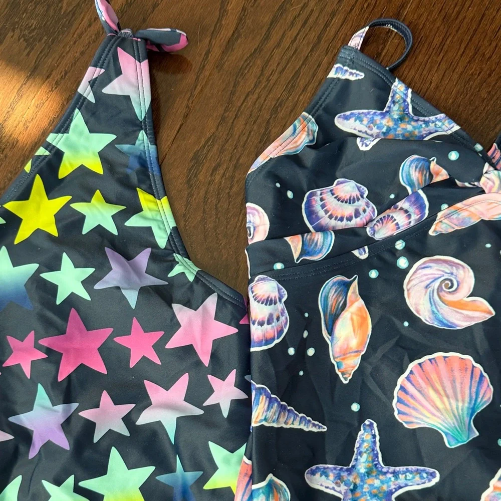 Land’s End: Two XL Kids One-Piece Swimsuits- Navy Star & Seashell Prints